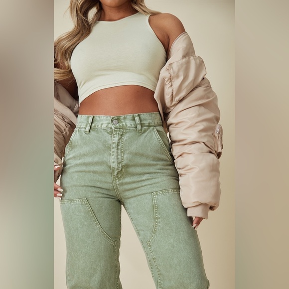 NWOT PrettyLittleThing Olive Green Seam Detail Panel Straight/Wide Leg Jean, 8 - Picture 5 of 10